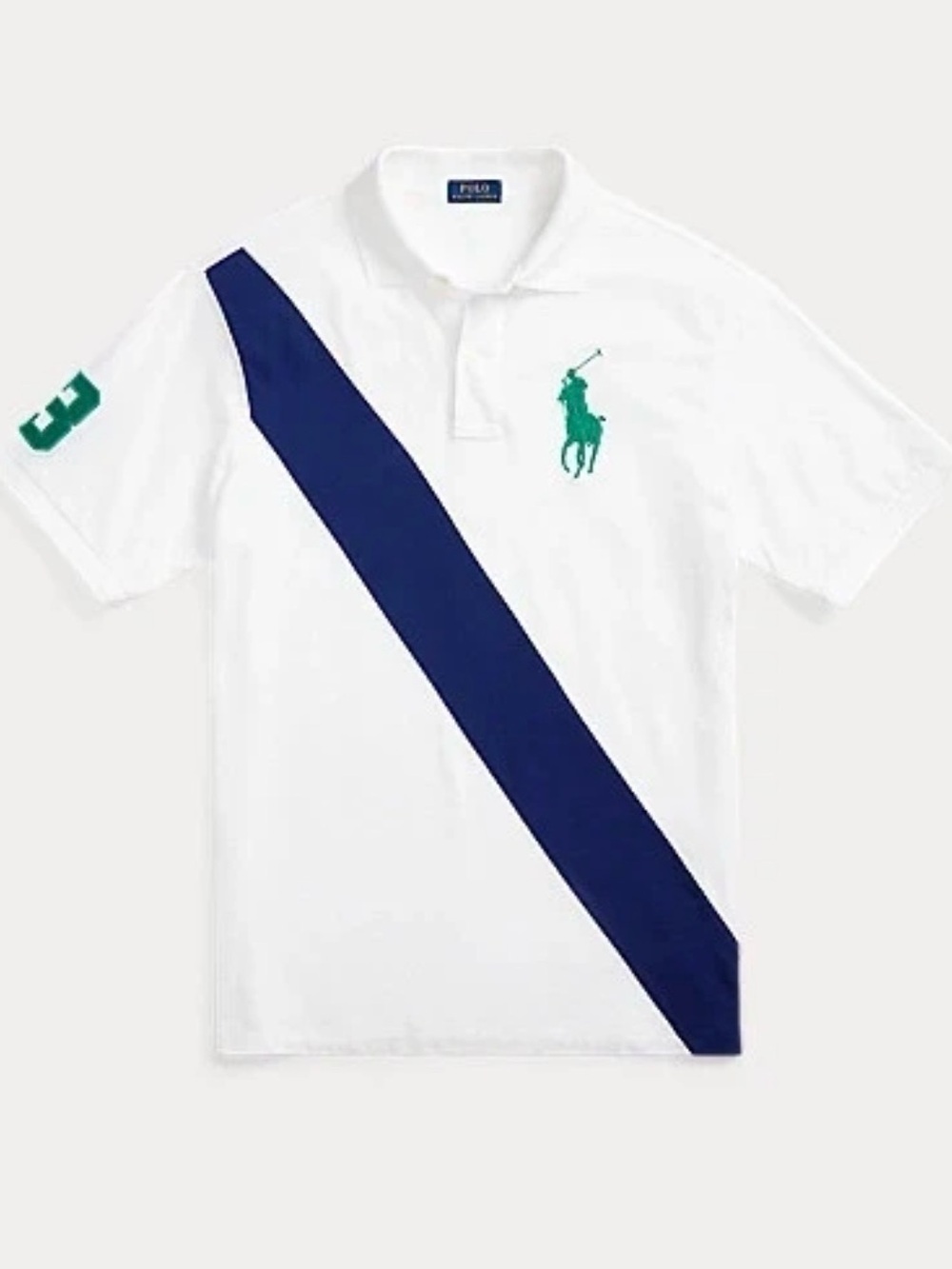 Ralph Lauren White Polo with Navy Diagonal Stripe and Green Logo